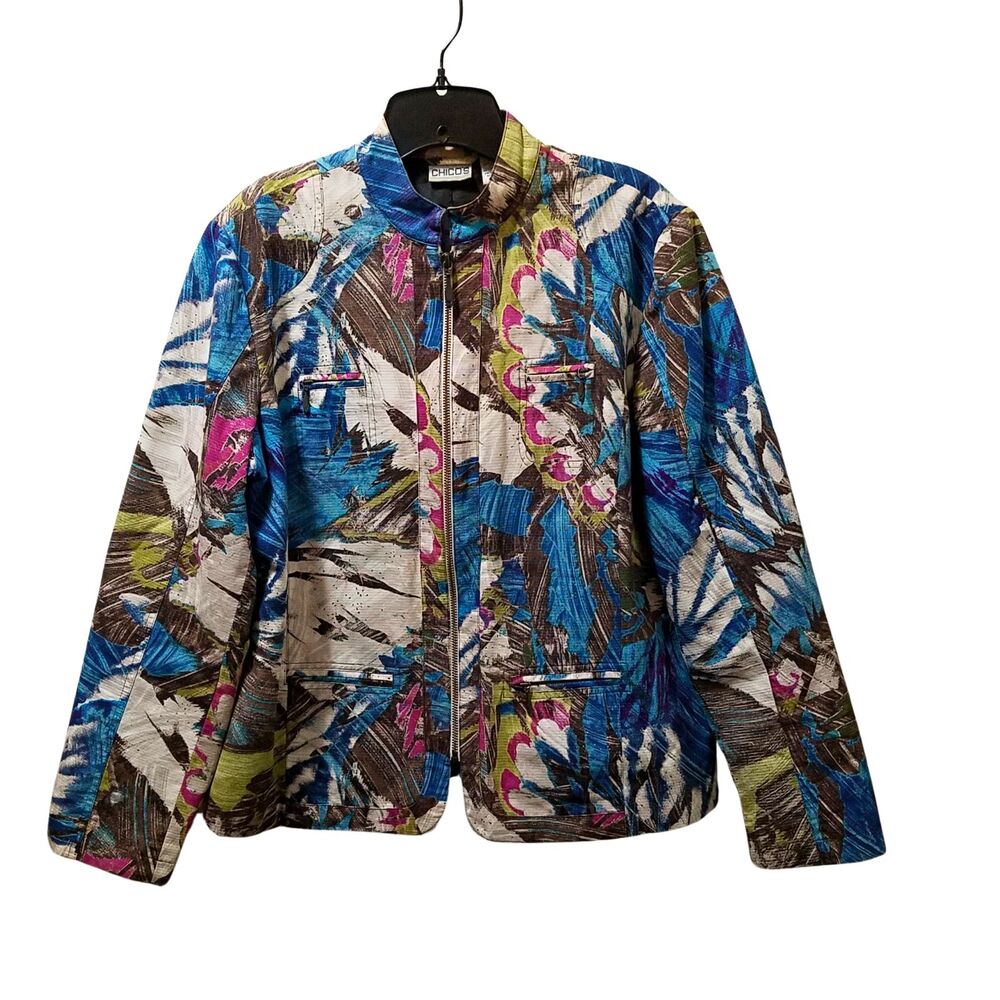Chico’s Floral Jacket Women’s 2 (L/12) Mandarin Collar Zip-Up